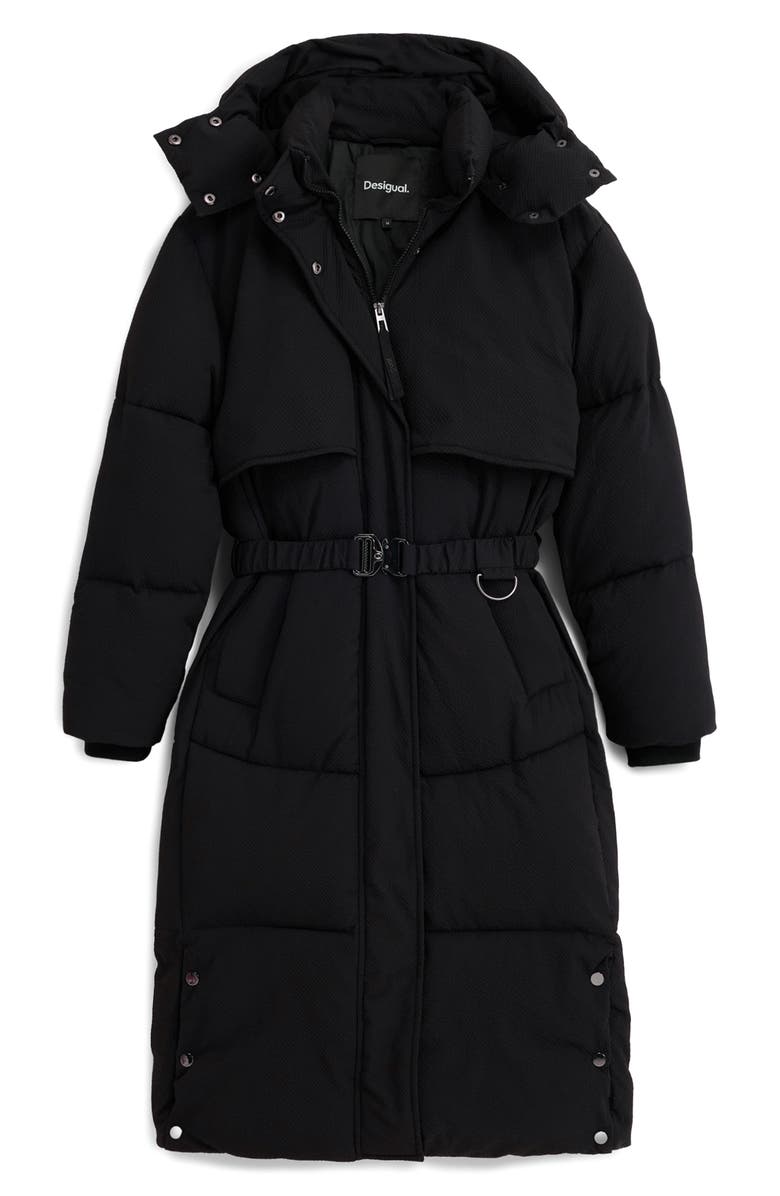 Desigual Quilted Puffer Longline Coat with Removable Hood, Alternate, color, Black