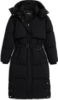 Desigual Quilted Puffer Longline Coat with Removable Hood