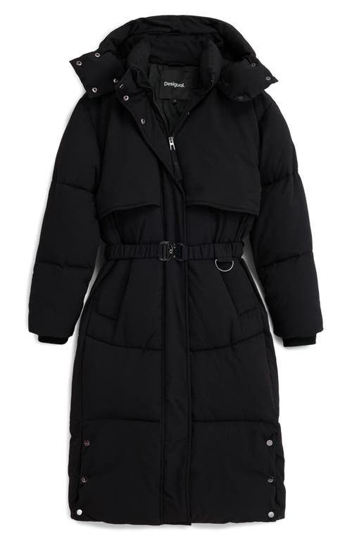 Desigual Quilted Puffer Longline Coat With Removable Hood In Black