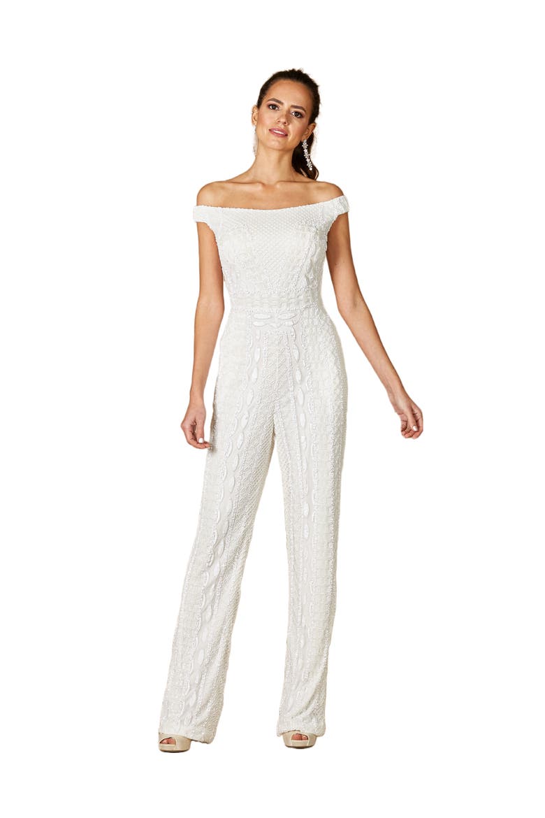 Gabby Beaded Off-the-Shoulder Bridal Jumpsuit, Main, color, Ivory