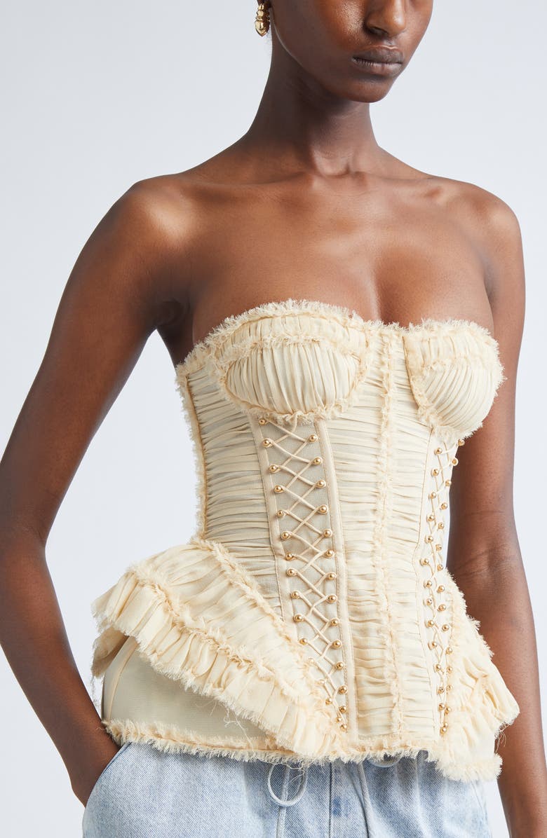 Zimmermann Rebellion Frayed Silk Corset Top, Alternate, color, Cream