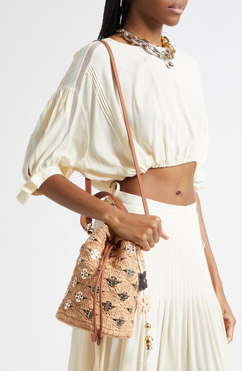 Rabanne 1969 Medium Raffia Bucket Bag, Alternate, color, Peach/ Gold