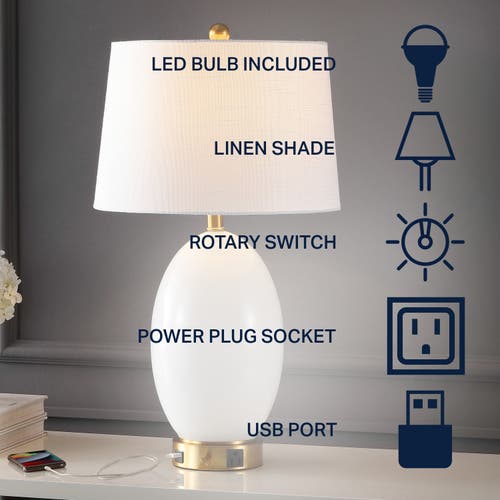 Jonathan Y Reese 26.5" 1-outlet Contemporary Style Iron/glass Led Table Lamp With Usb Charging Port In White/brass Gold