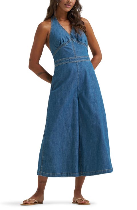 Denim Culotte Halter Jumpsuit