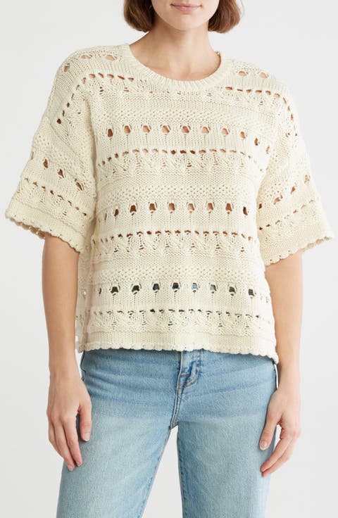 Elbow Sleeve Cotton Pointelle Sweater