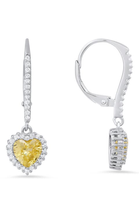 Sterling Silver Cubic Zirconia Halo Birthstone Heart Drop Earrings