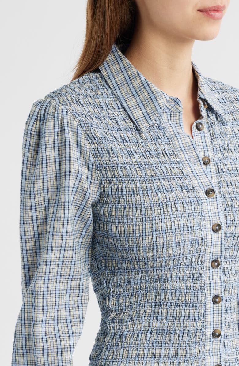 Damson Madder Bora Smocked Bodice Long Sleeve Organic Cotton Seersucker Minidress, Alternate, color, Cloudy