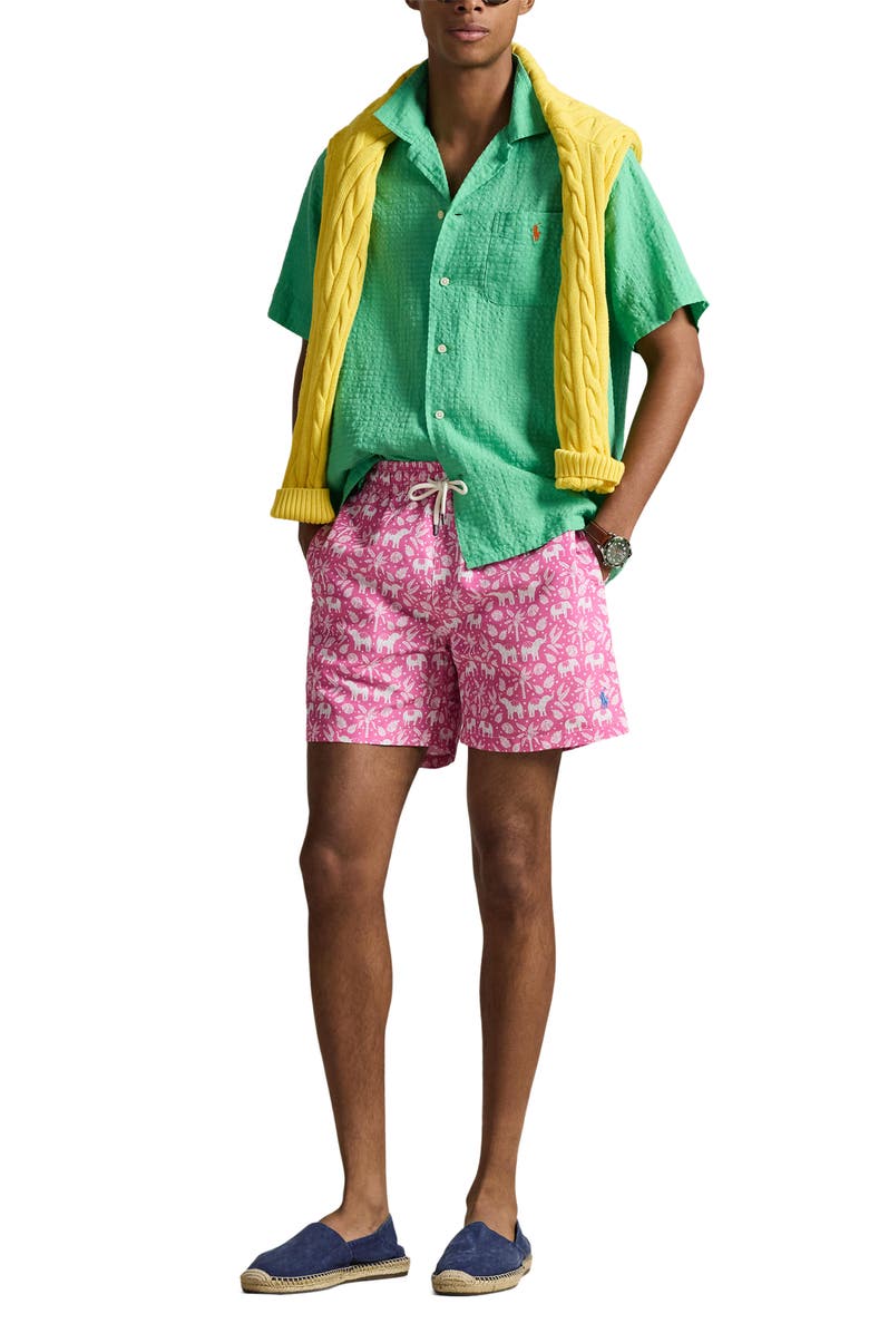 Polo Ralph Lauren Traveler Classic Print Swim Trunks, Alternate, color, Pink Elephant Palms