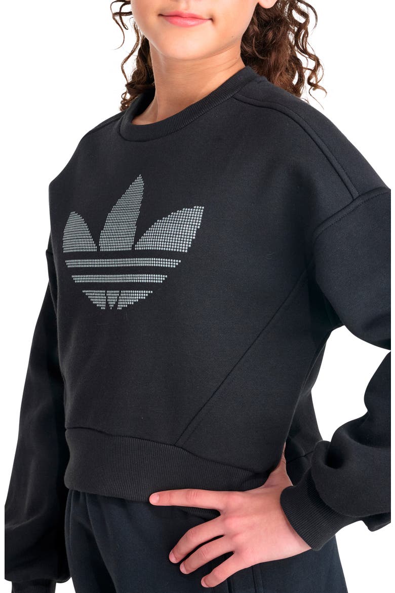Kids' Glitter Trefoil Fleece Graphic Sweatshirt, Alternate, color, BLACK