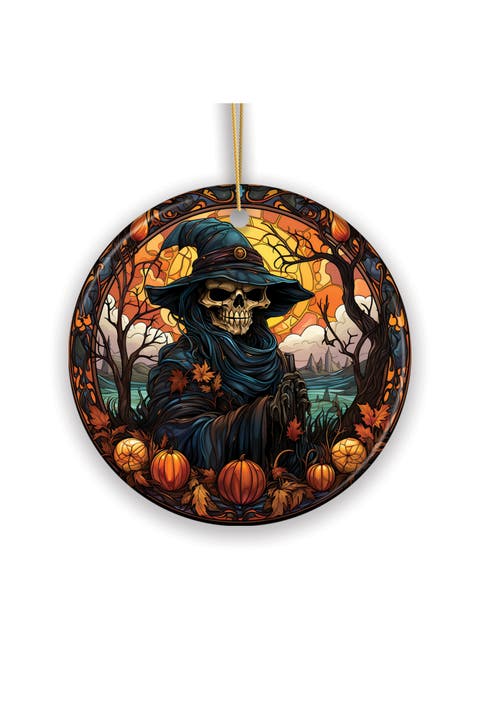 Skeleton Witch Stained Glass Style Ceramic Ornament