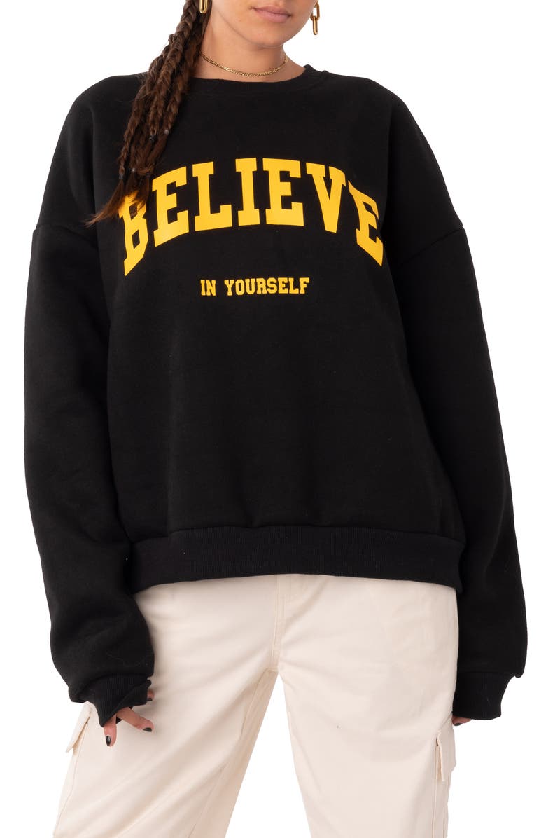 EDIKTED Believe Graphic Cotton Blend Sweatshirt, Main, color,
