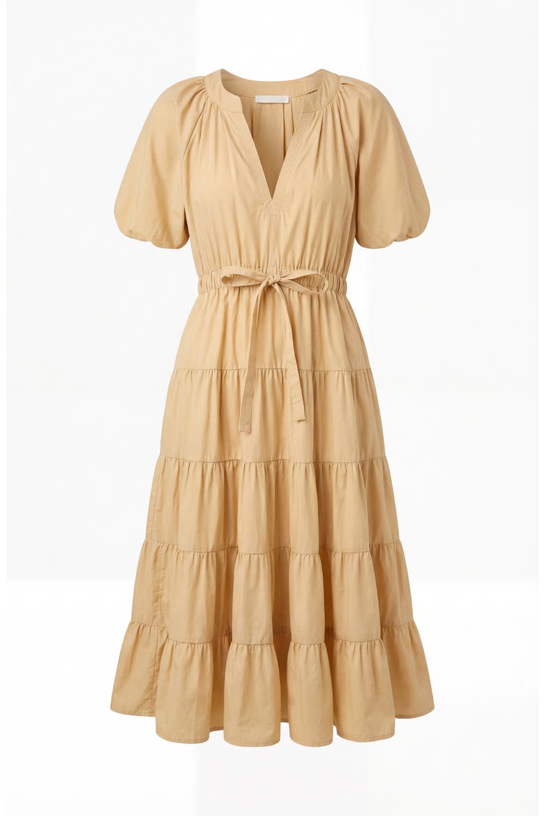 Tiered Puff Sleeve Tie Waist Midi Dress, Alternate, color, Sand
