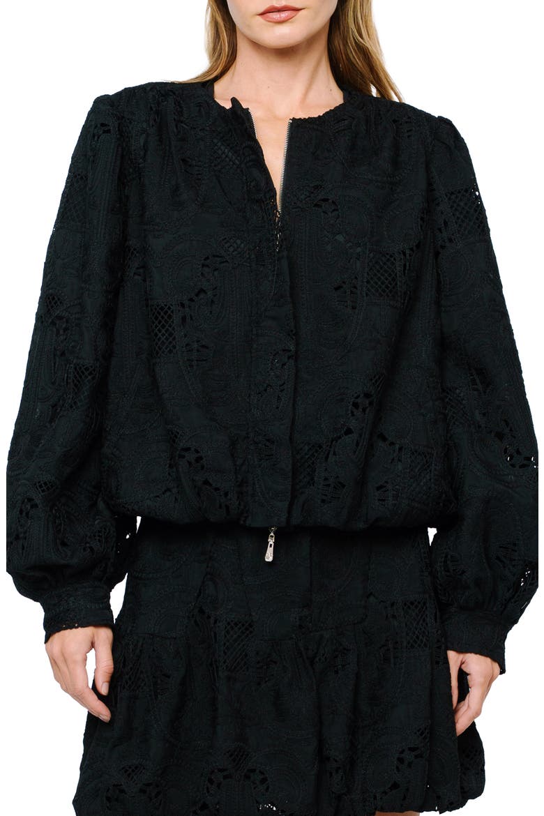 Donna Eyelet Bomber Jacket, Main, color, BLACK