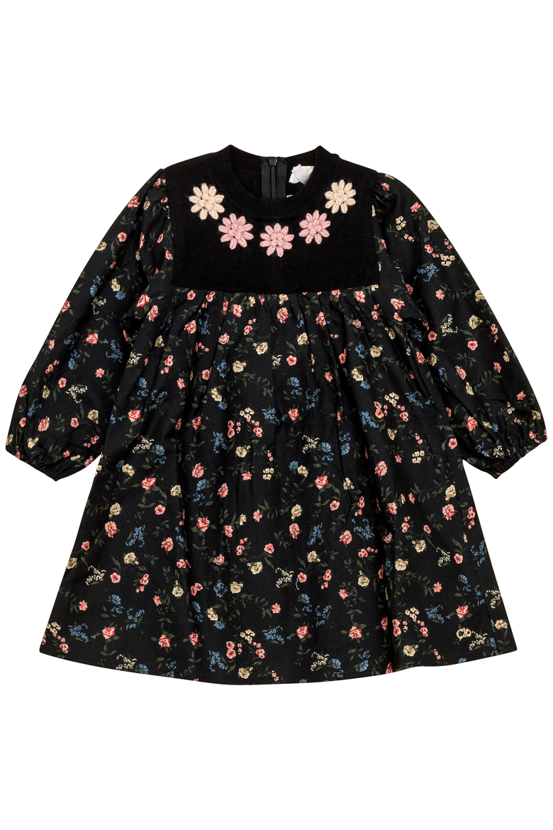 Long Sleeve Flower Print Embroidered Dress, Main, color, Black