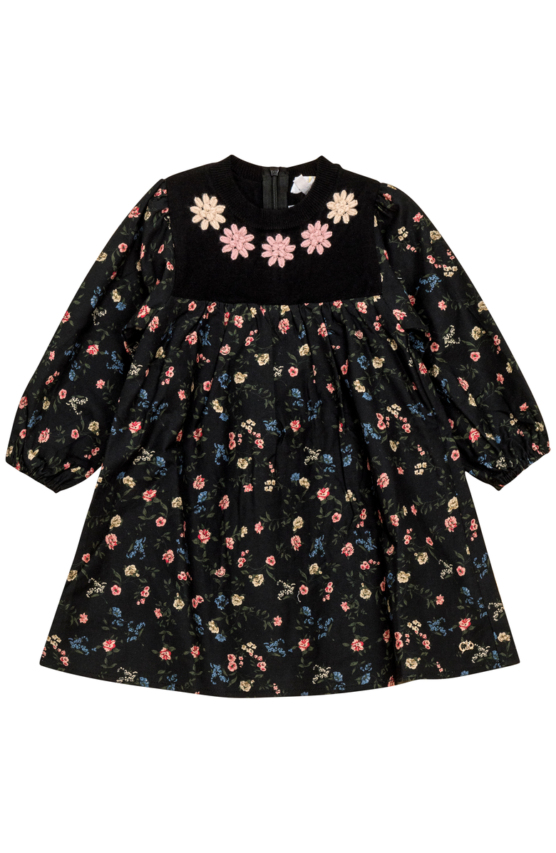 Clô Long Sleeve Flower Print Embroidered Dress, Main, color, Black