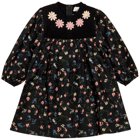 Long Sleeve Flower Print Embroidered Dress (Toddler, Little Kid & Big Kid)