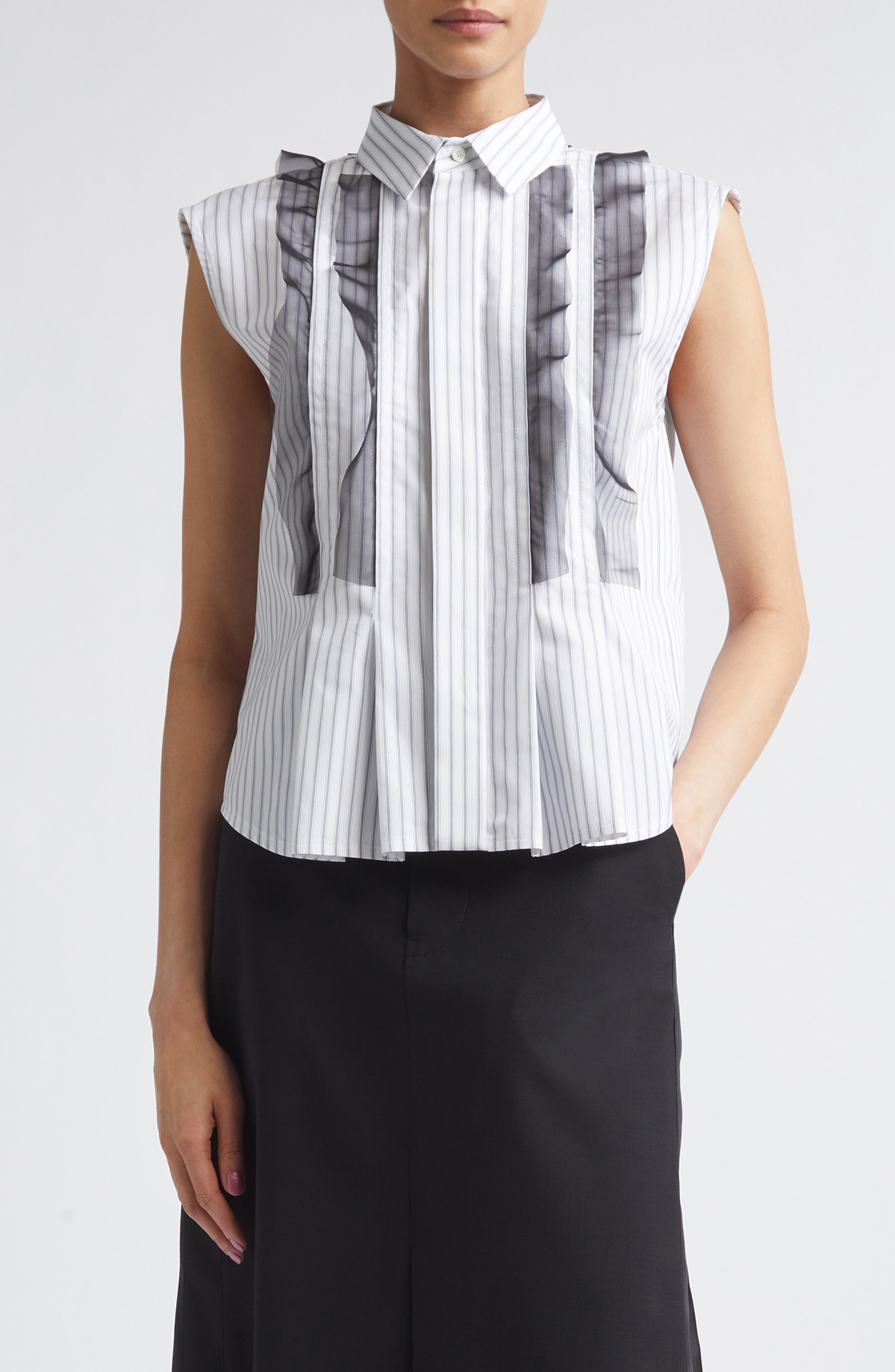 Stripe Poplin & Chiffon Button-Up Shirt