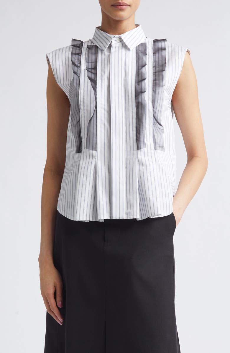 Sacai Stripe Poplin & Chiffon Button-Up Shirt, Main, color, Off White Stripe