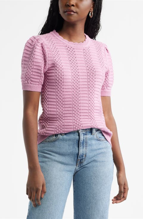 Mixed Stitch Short Sleeve Pima Cotton & Merino Wool Sweater