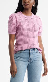 Caslon® Mixed Stitch Short Sleeve Pima Cotton & Merino Wool Sweater
