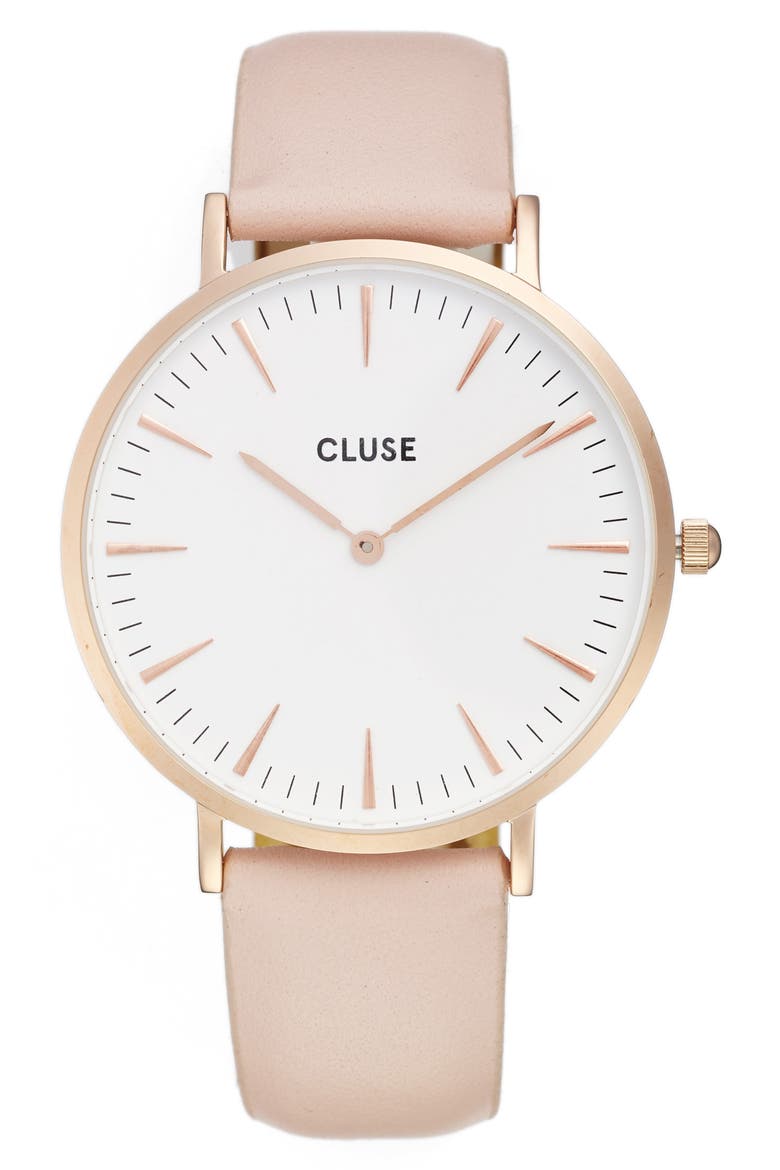 La Bohème Leather Strap Watch, 38mm, Main, color, PINK/ WHITE/ ROSE GOLD