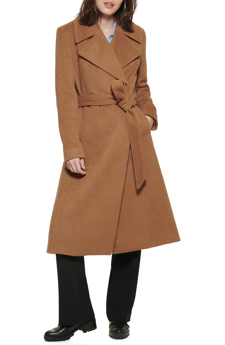 KARL LAGERFELD PARIS Wool Blend Wrap Coat, Main, color, Camel
