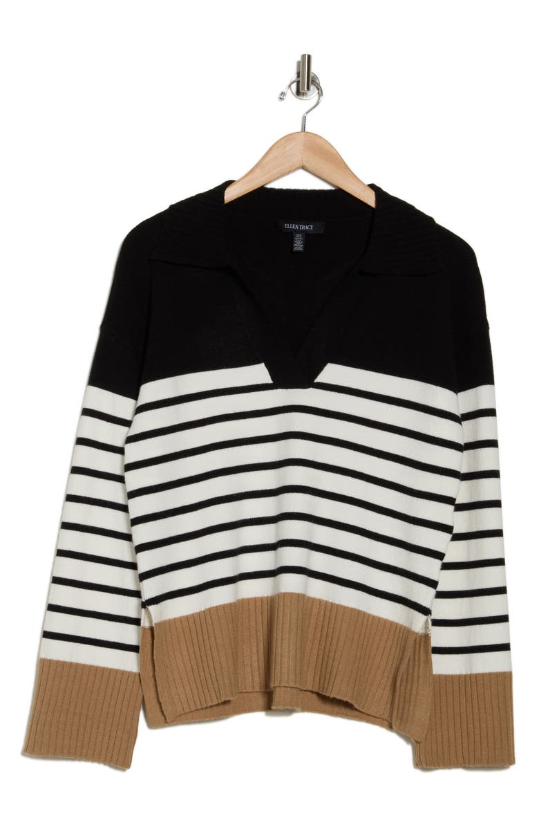 Ellen Tracy Colorblock Stripe Sweater, Alternate, color, Black/ Marshmallow Stripe
