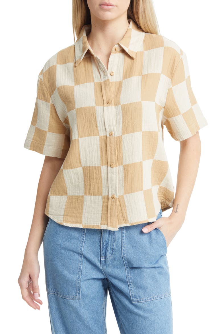 Mykonos Check Cotton Camp Shirt, Main, color, SAND