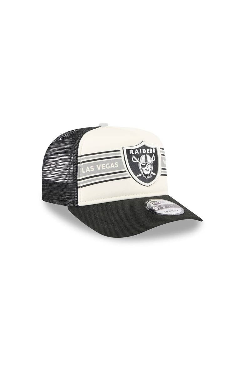 Men's New Era  Cream/Black Las Vegas Raiders Banner A-Frame 9FIFTY Trucker Snapback Hat, Alternate, color, Cream