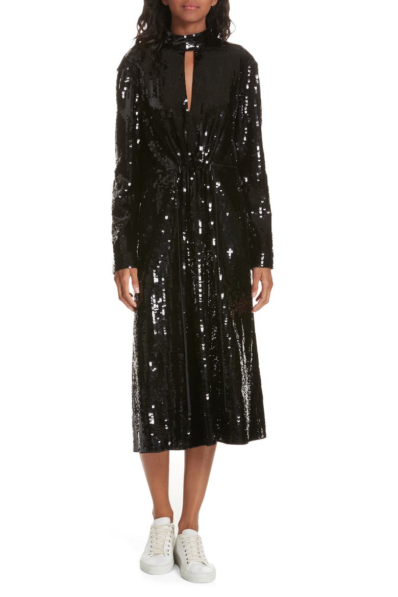 Avril Sequin Midi Dress, Main, color, BLACK/ NAVY MULTI