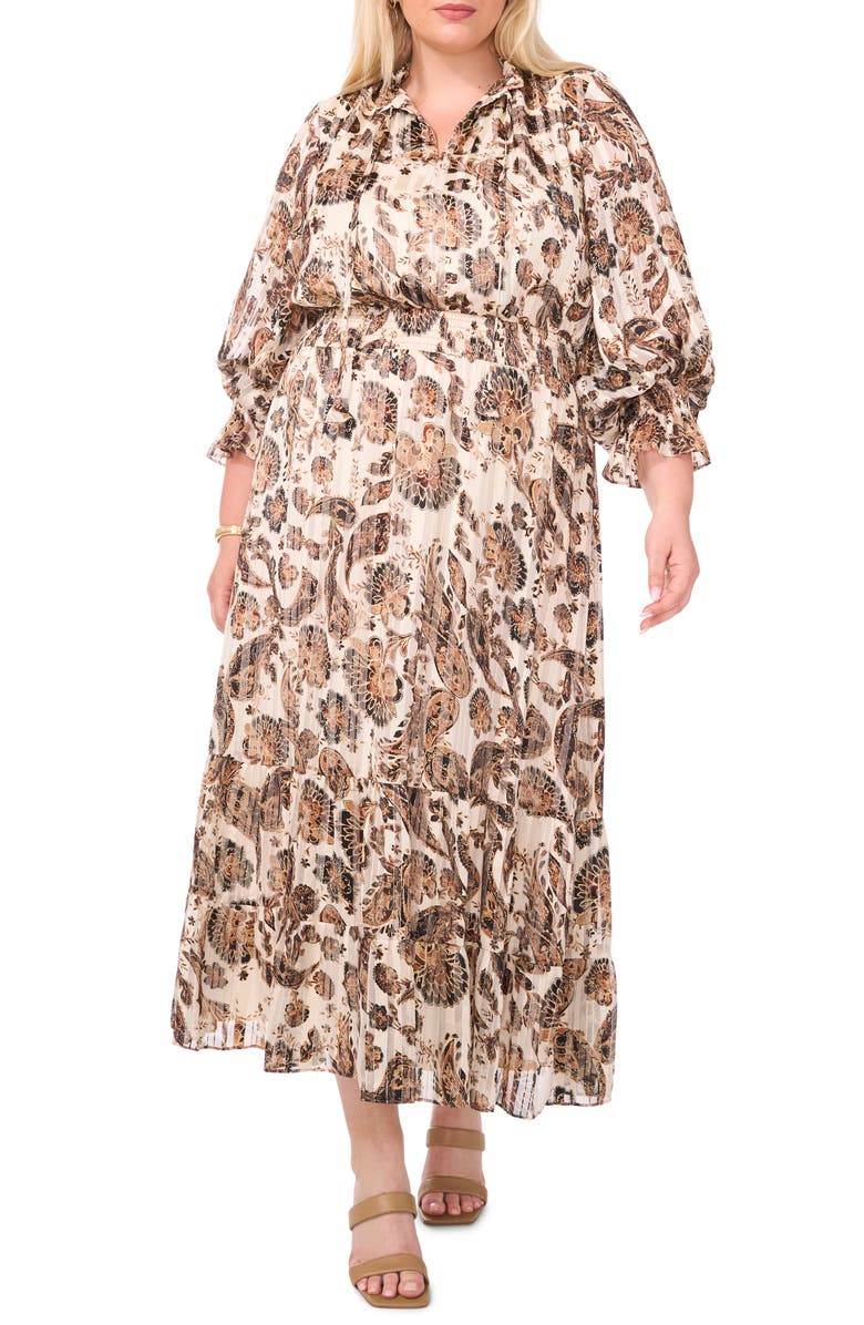 Vince Camuto Print Tie Neck Long Sleeve Maxi Dress, Main, color, 
