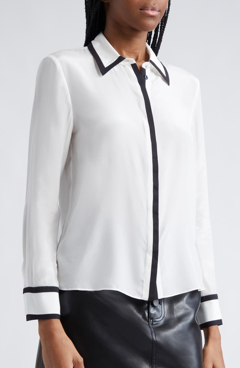 Alice + Olivia Willa Contrast Trim Silk Button-Up Top, Alternate, color,