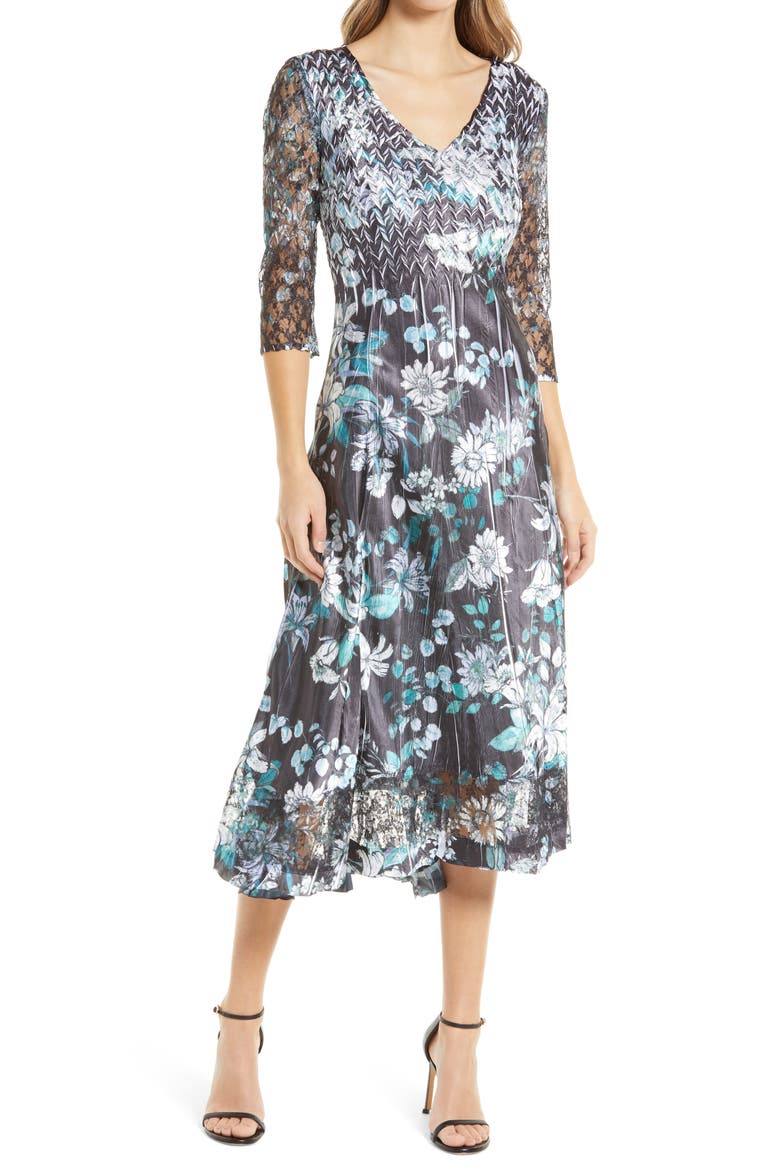 Charmeuse & Lace A-Line Dress, Main, color, LILLY BLOOM