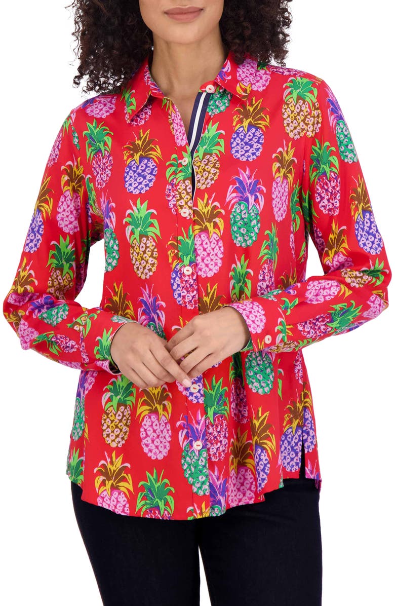 Foxcroft Zoey Pineapple Print Cotton Button-Up Shirt, Main, color, 