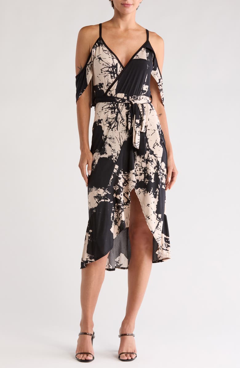 GO COUTURE Cold-Shoulder Wrap Dress, Main, color, Black