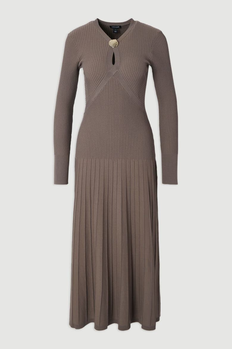 Rib Knit Trim Full Skirt Midi Dress, Alternate, color, Grey