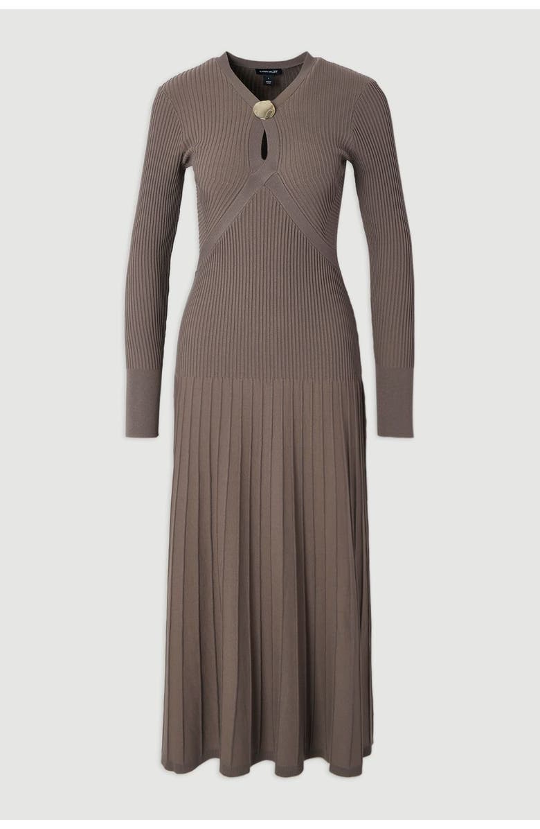 Karen Millen Rib Knit Trim Full Skirt Midi Dress, Alternate, color, Grey