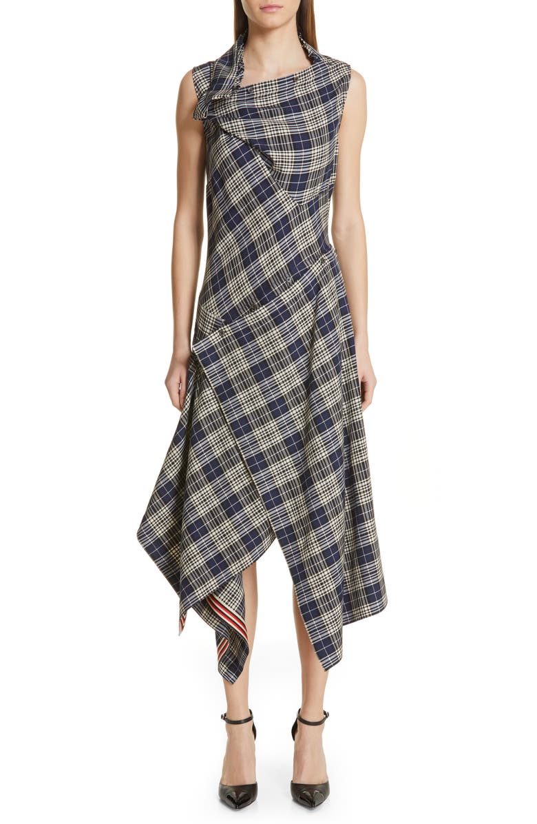 MONSE Plaid Asymmetrical Midi Dress, Main, color, 