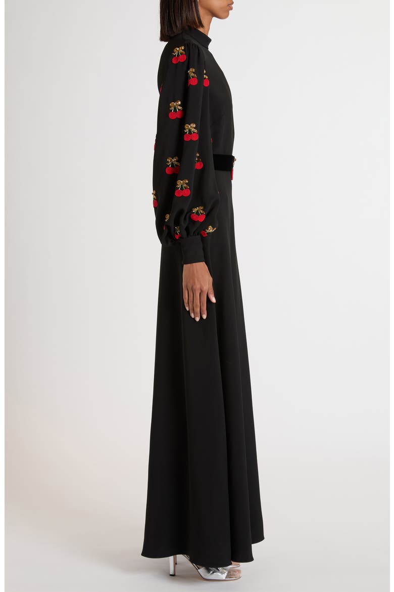 Cherryfic Beaded Long Sleeve Silk Gown, Alternate, color, BLACK/ CHERRY