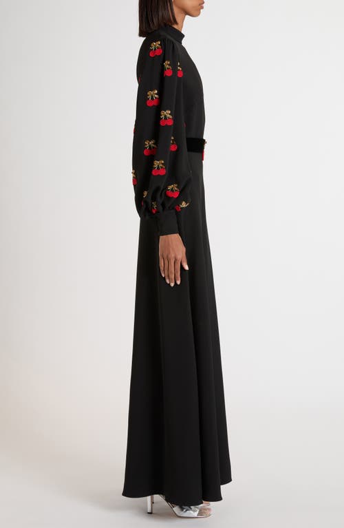 Valentino Garavani Cherryfic Beaded Long Sleeve Silk Gown In Black