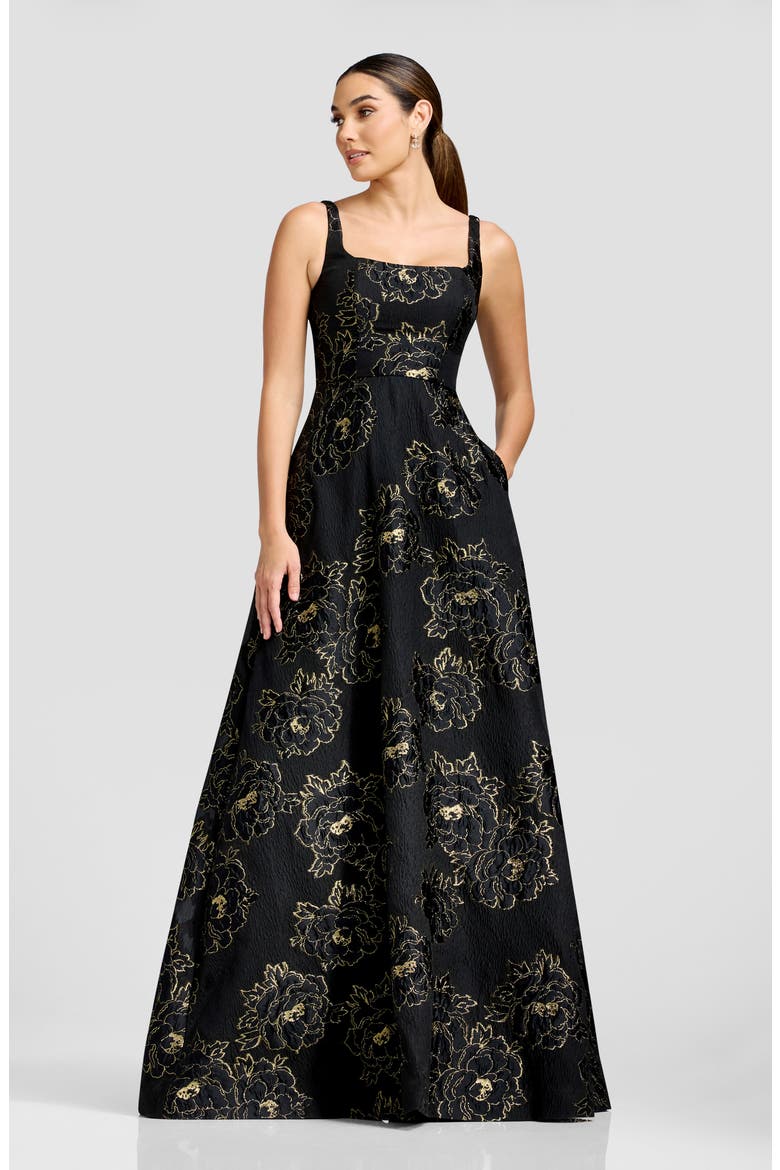 Vienna Metallic Bloom Gown, Alternate, color, BLACK-GOLD