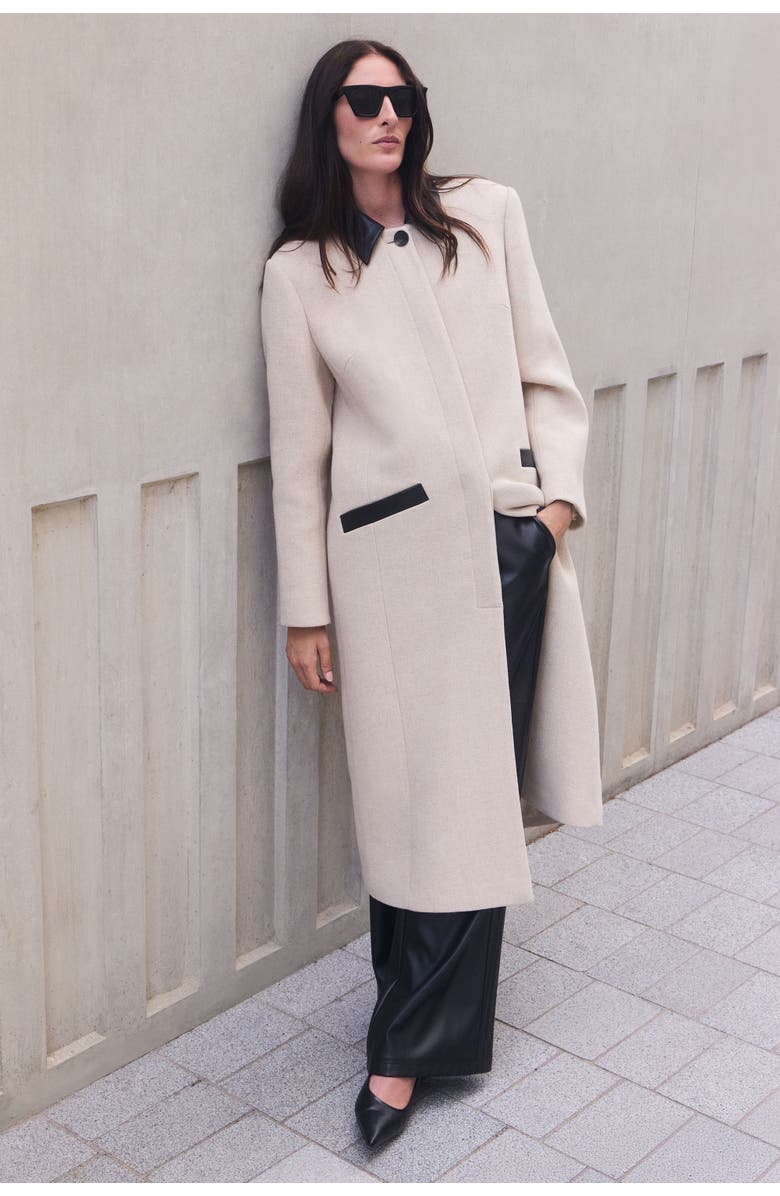 Karen Millen Wool Pu Mix Tailored Midi Coat, Alternate, color, Oatmeal