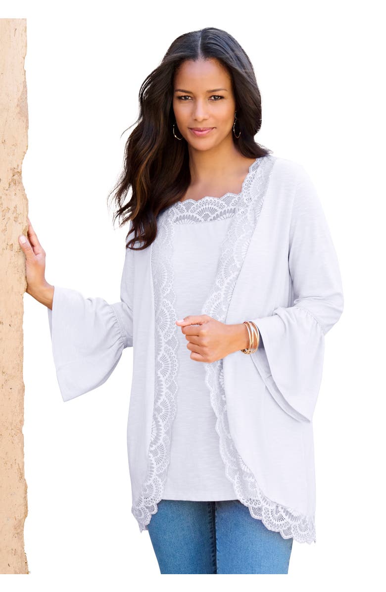 Roaman's Lace-Detailed Cardigan And Tank Set, Main, color, White