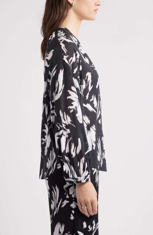 Nordstrom Floral Shirred Button-up Shirt In Black- White Salvage Floral
