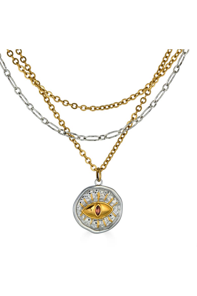 Mixed Metal Three Strand Eye Charm Necklace, Alternate, color, Gold