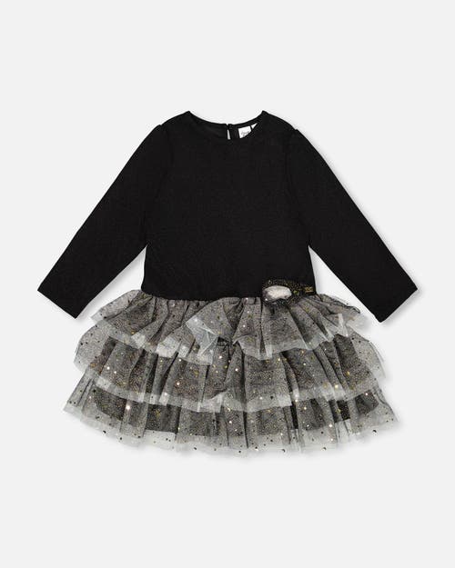 Deux Par Deux Glittering Mesh Skirt Party Dress In Black