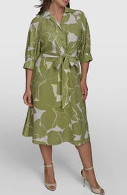 DONNA KARAN Print Tie Waist Midi Shirtdress