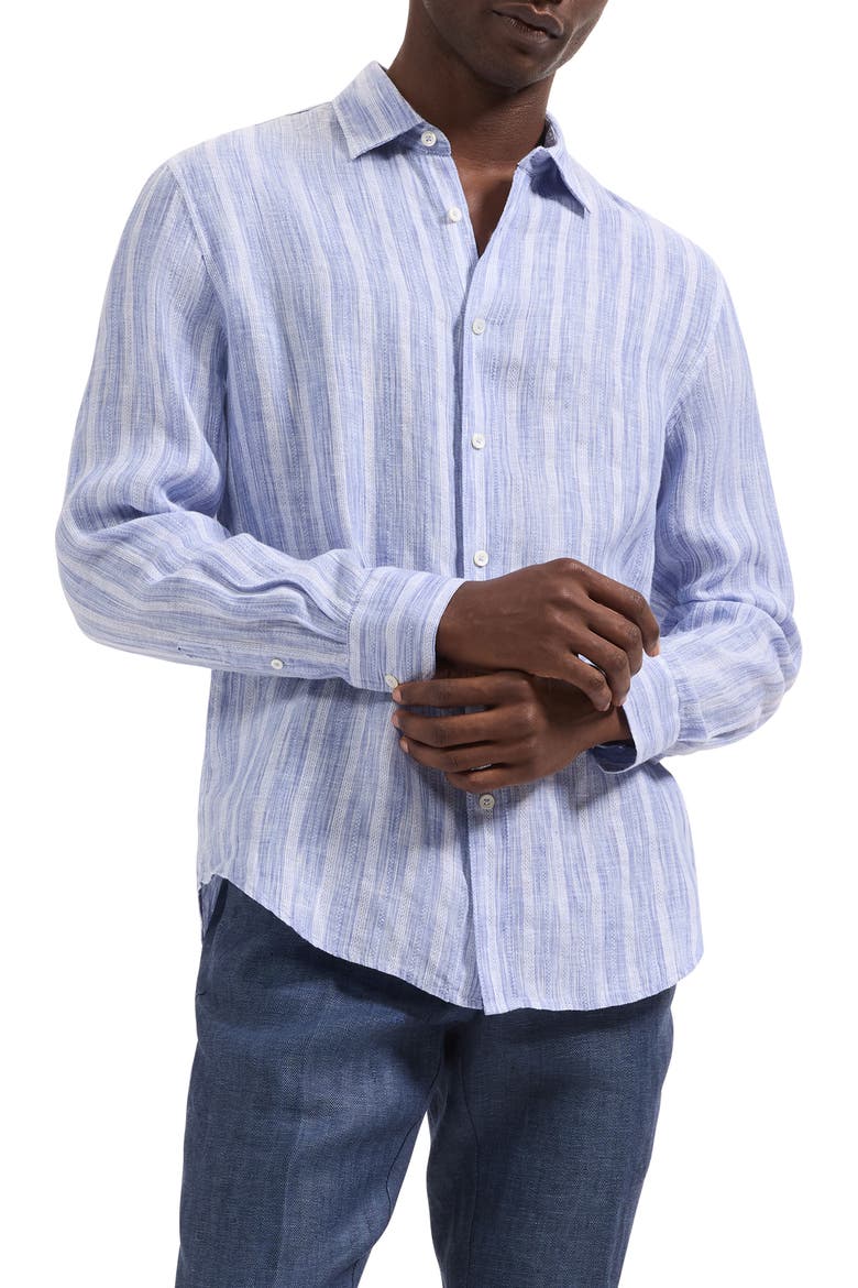 Julian Shaped Fit Stripe Linen Button-Up Shirt, Main, color, CLASSIC BLUE