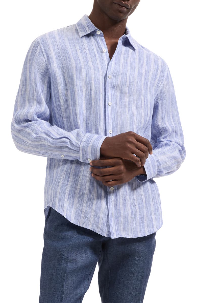 Bugatchi Julian Shaped Fit Stripe Linen Button-Up Shirt, Main, color, Classic Blue