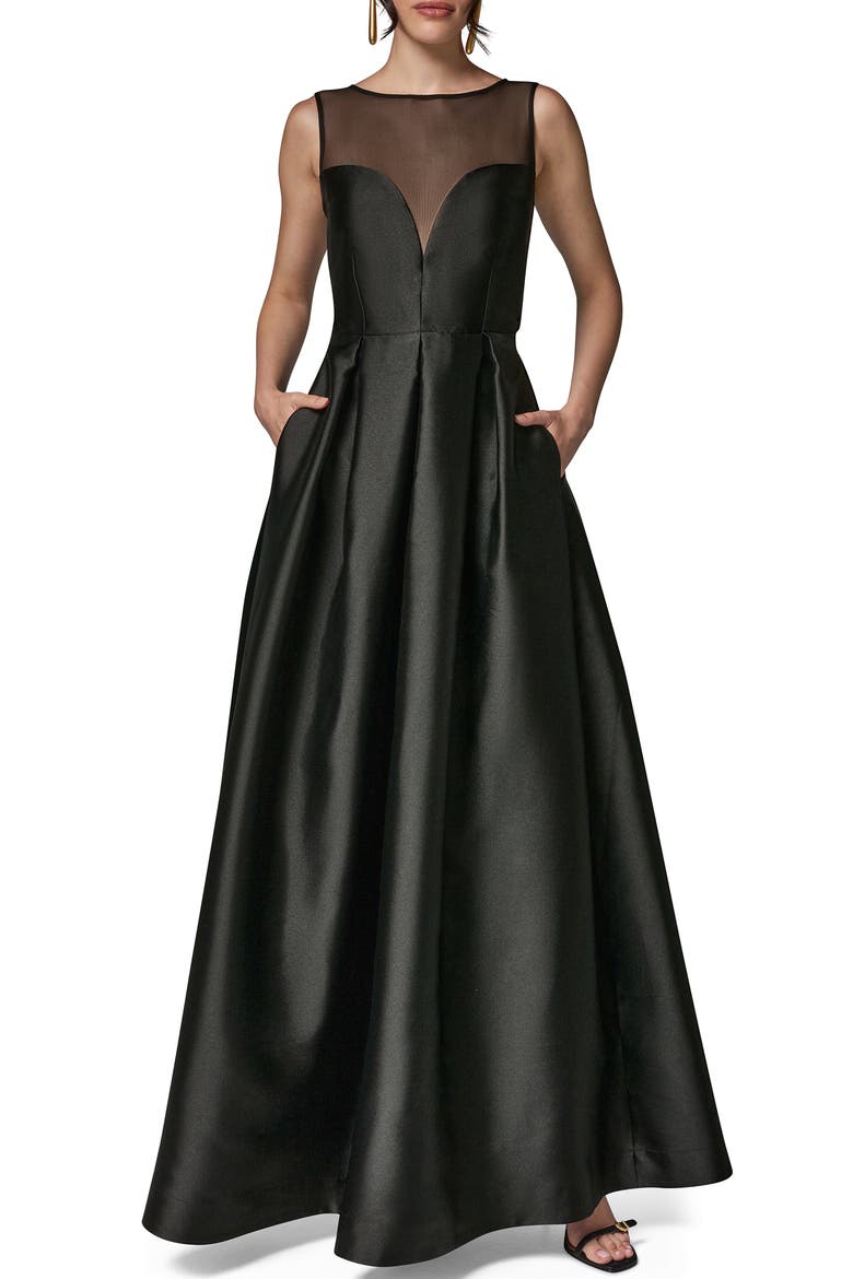 Mesh Yoke Fit & Flare Mikado Gown, Main, color, BLACK